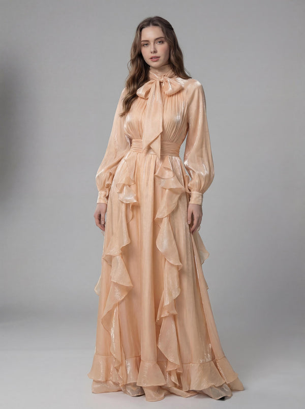 Champagne Shimmer Maxi Dress | Victorian Ruffle Evening Gown