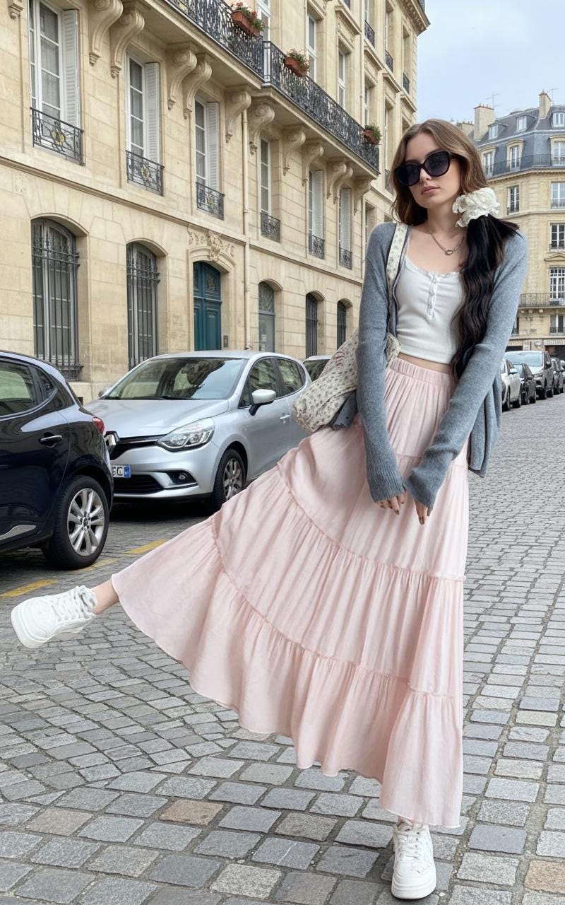 Saraura's Flowy Tiered Maxi Skirt, high waisted and A-line.