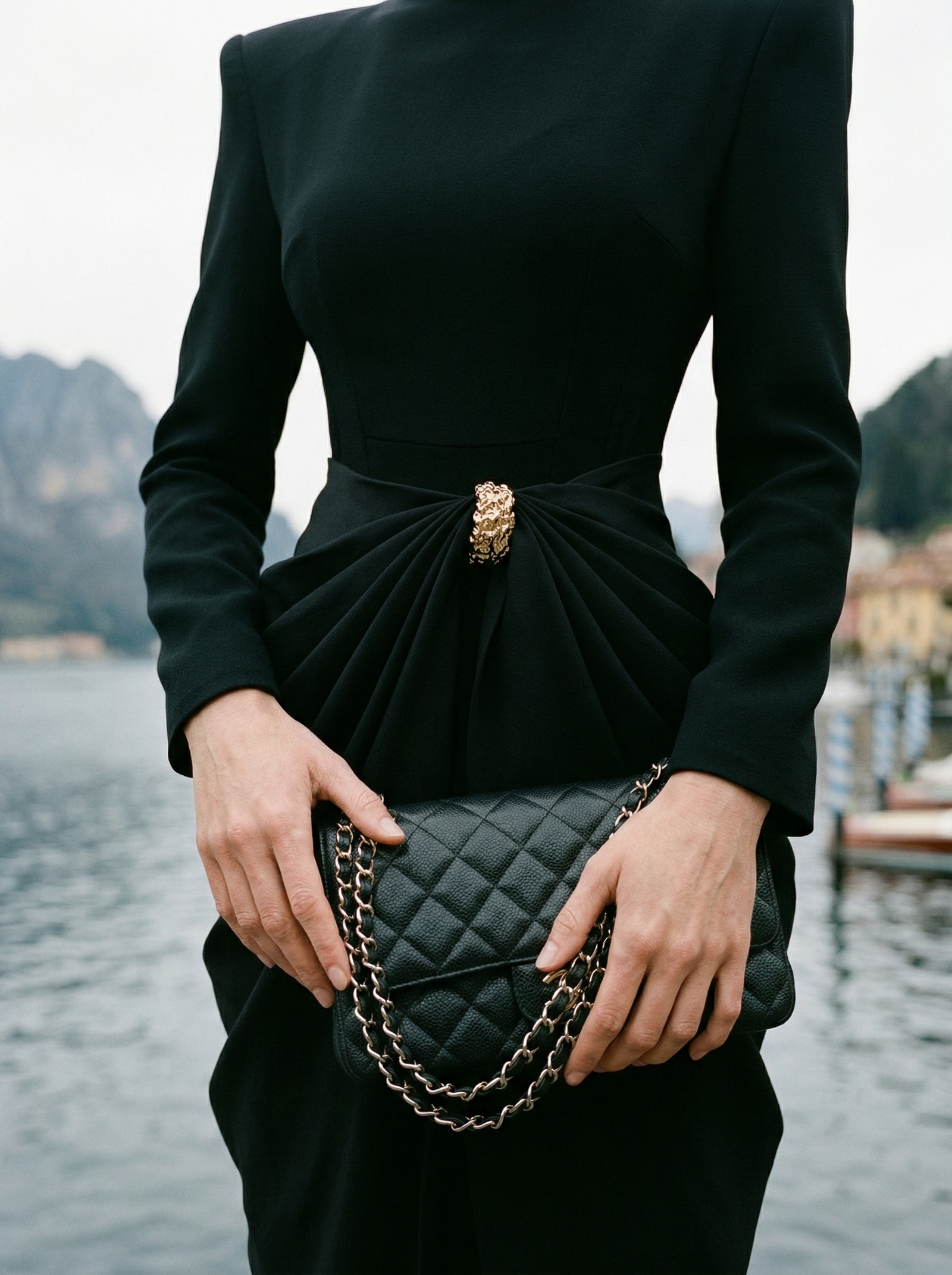 long sleeve draped formal evening maxi dress saraura black waist brooch detail 11