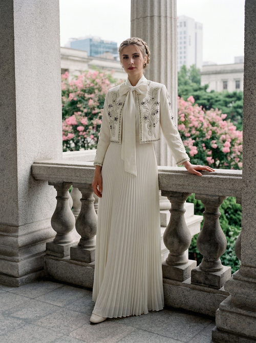 Elegant Two Piece Sequined Jacket & Pleated Maxi Dress Set