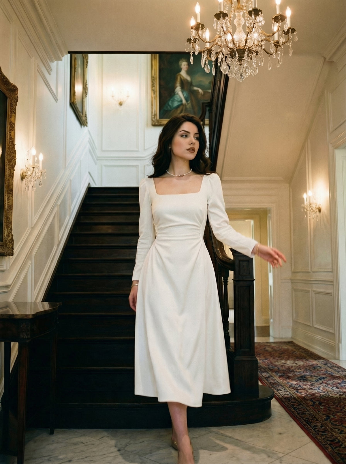 A model in a floor-length dress, photographed against a pale wall.