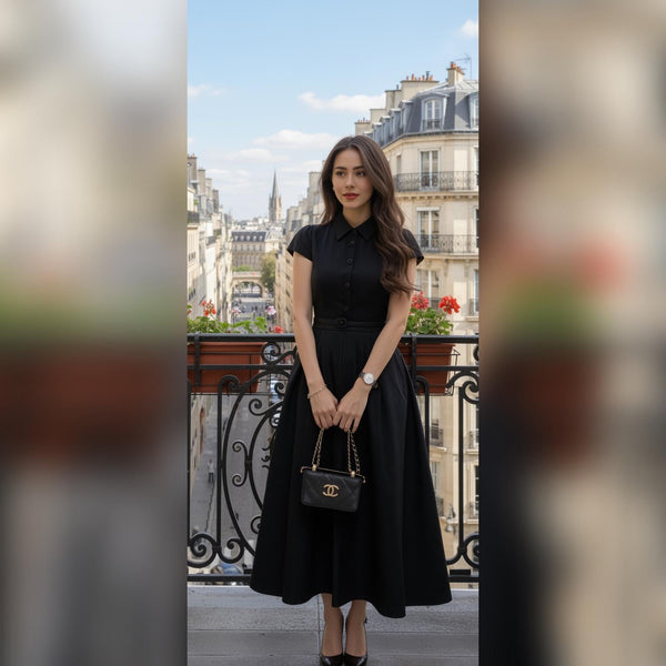 Collared A-Line Midi Dress | Belted Button Front with Pockets