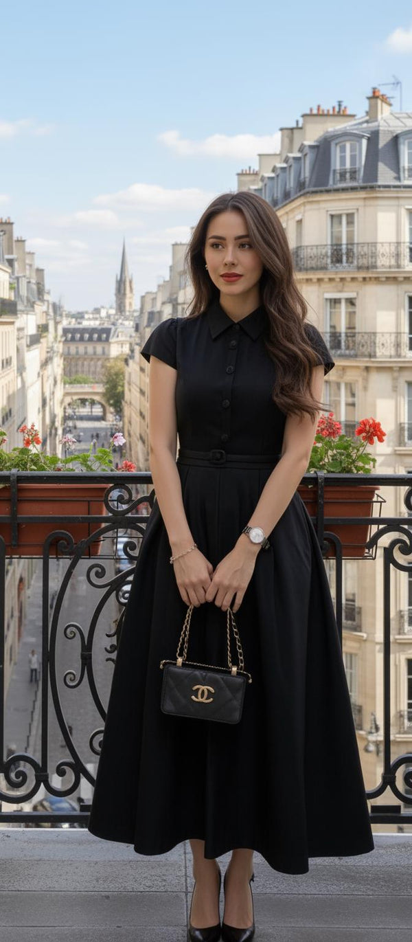 Collared A-Line Midi Dress | Belted Button Front with Pockets