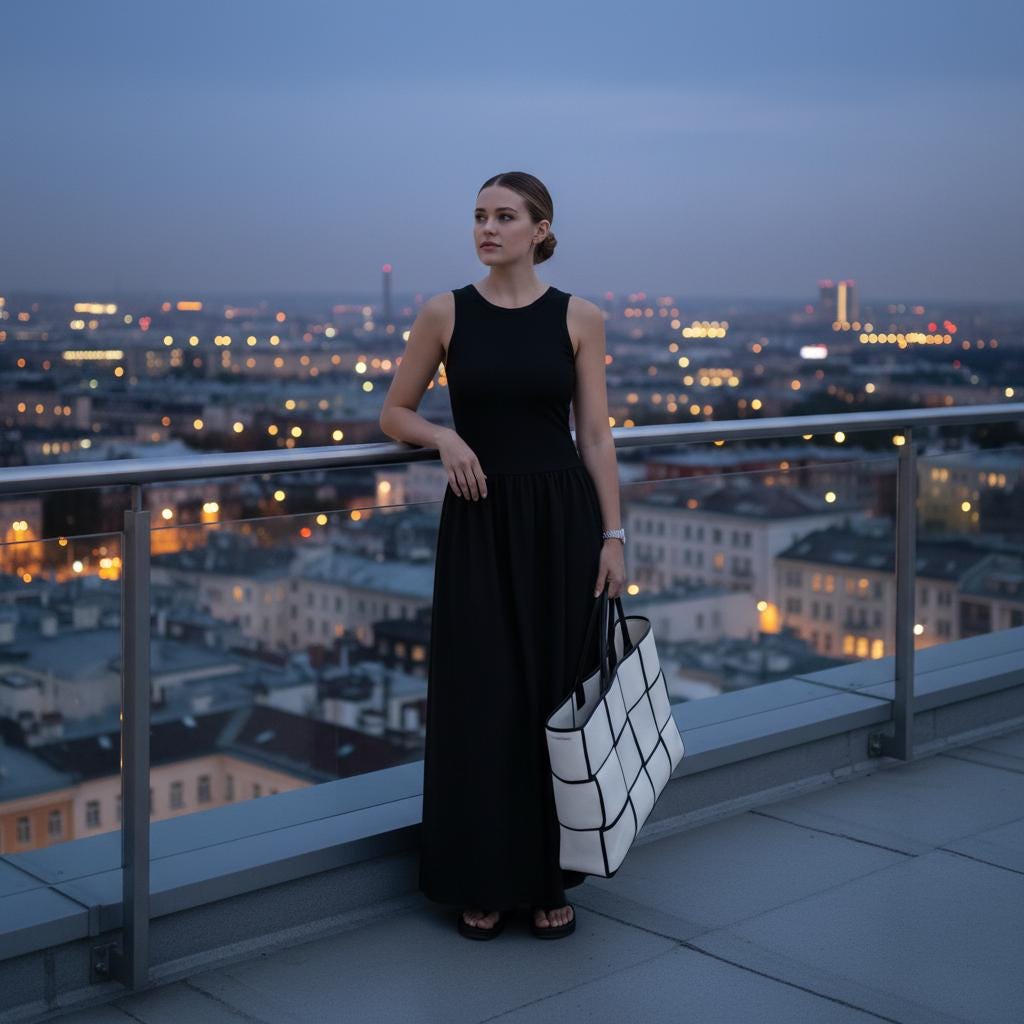 Front view of the Black sleeveless drop-waist maxi dress, holding a checkered tote bag at a rooftop railing overlooking a city skyline at dusk.