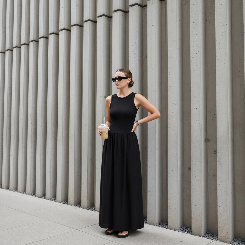 Front view of the Black sleeveless drop-waist maxi dress, one hand on her hip against a wall of vertical grey fluted panels.