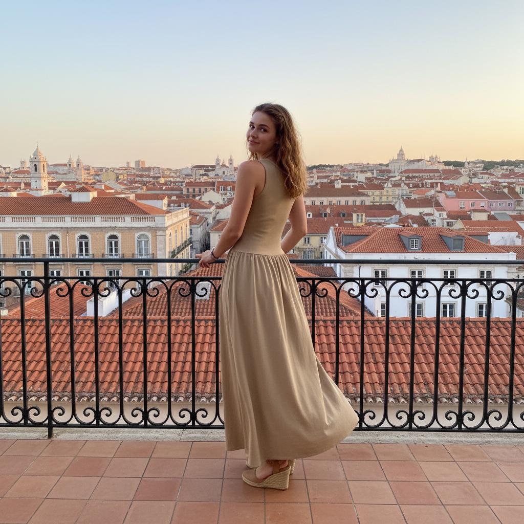 Back view of the Khaki sleeveless drop-waist maxi dress, looking back over her shoulder at a railing overlooking a red-roofed cityscape at sunset.
