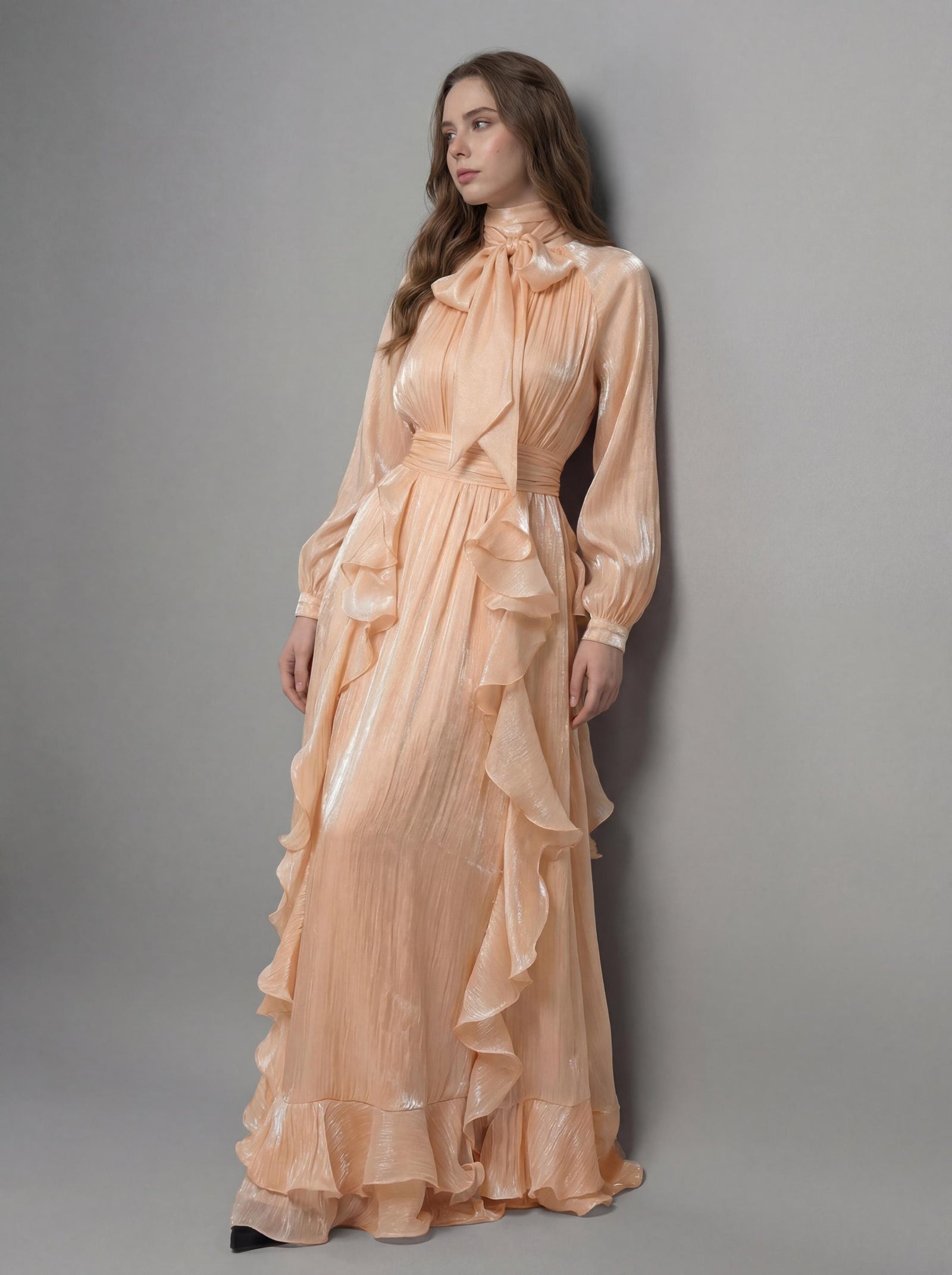 Saraura's Champagne Shimmer Maxi Dress, a Victorian ruffle evening gown.