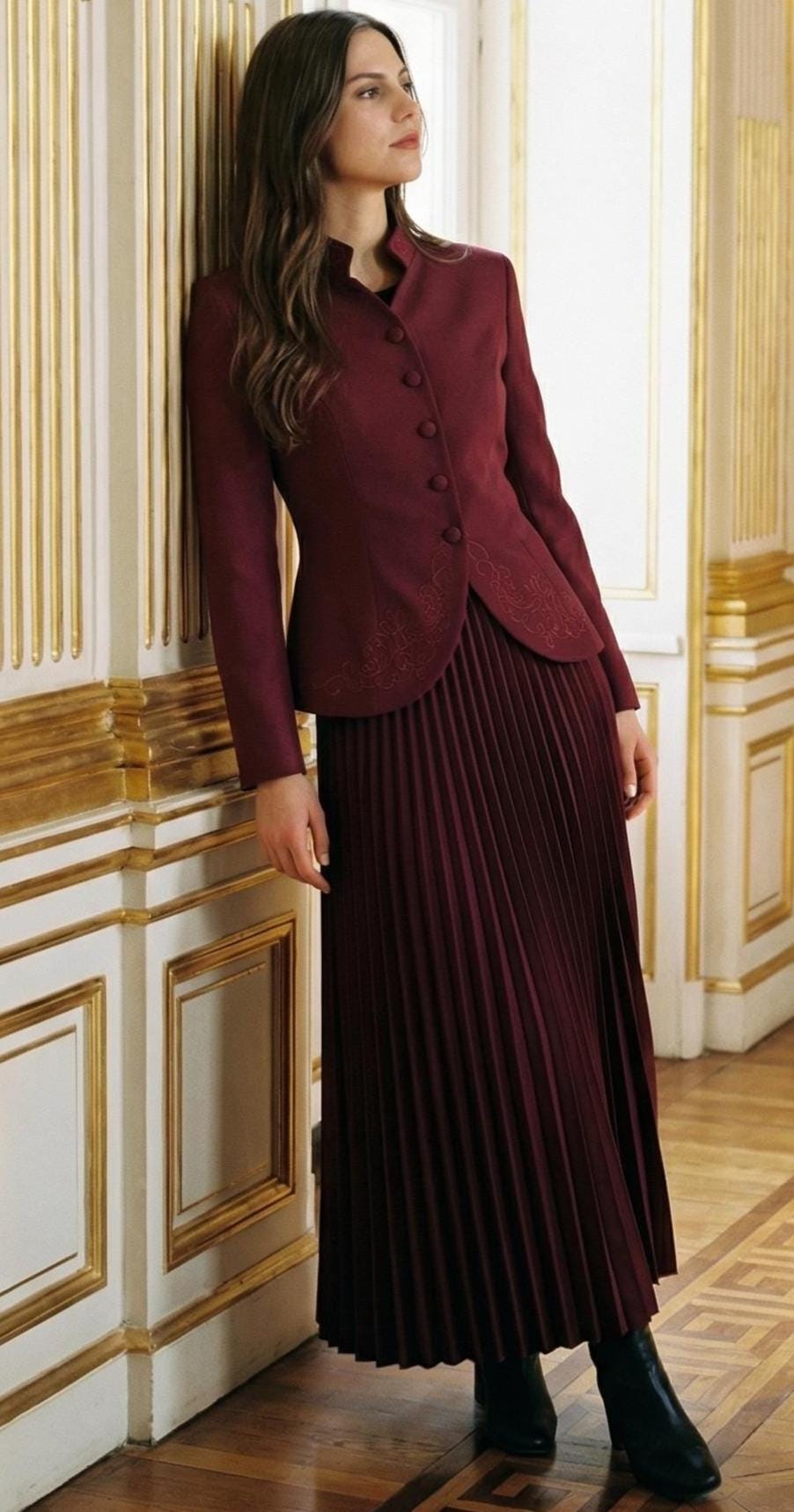 Saraura's Elegant Two Piece Skirt Set: a white peplum blazer over a pleated maxi skirt.