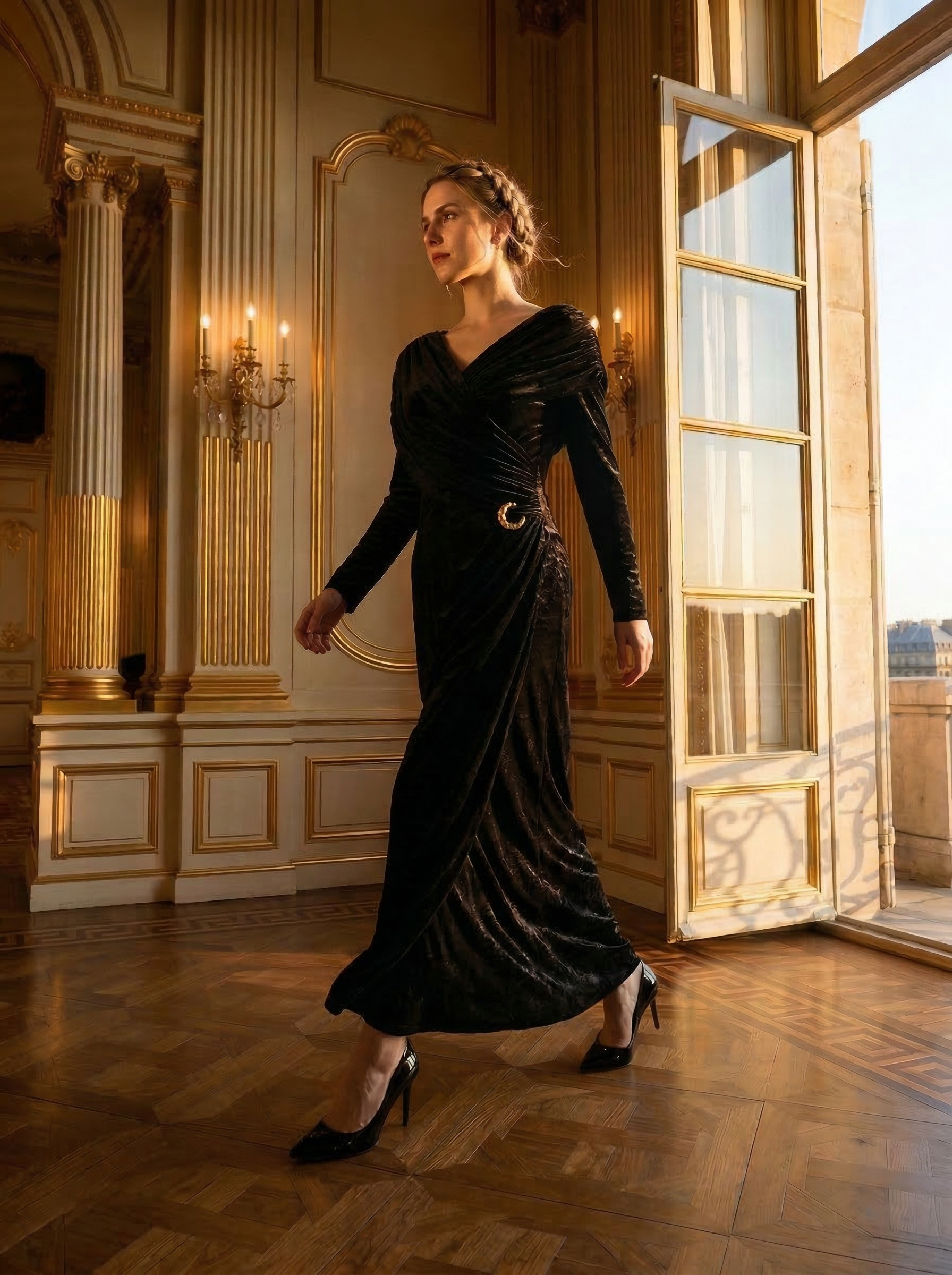 asymmetric long sleeve maxi dress elegant draped gown black walking side profile 20