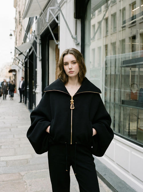 Avant Garde Black Jacket | Oversized Lantern Sleeve Coat | High Collar Zip Up