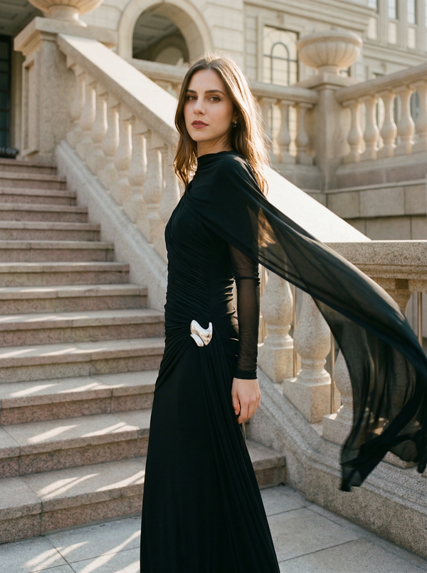 Minimalist Ruched Long Sleeve Formal Maxi Dress