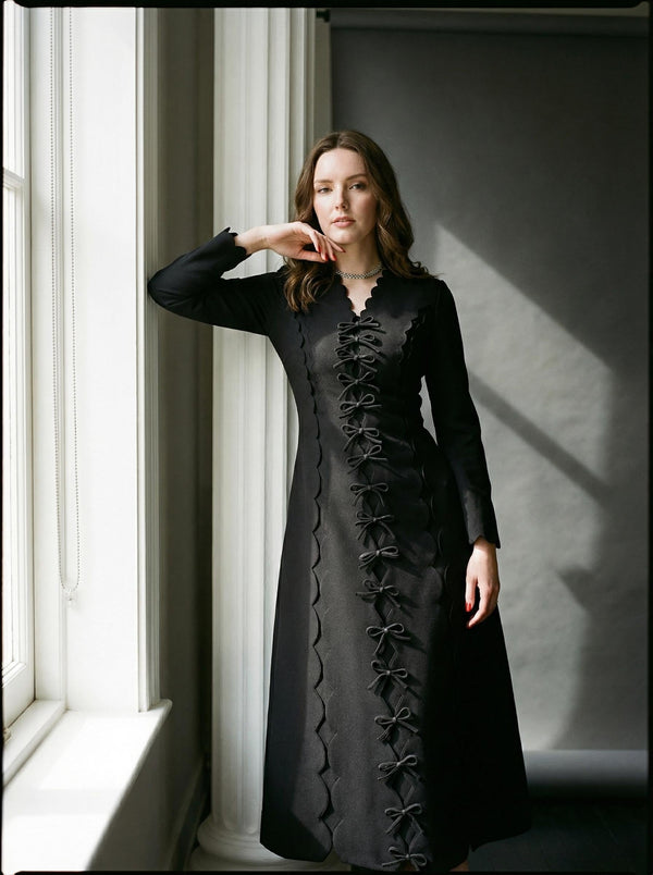 Black Scalloped Maxi Dress | Gothic Victorian Long Sleeve Gown