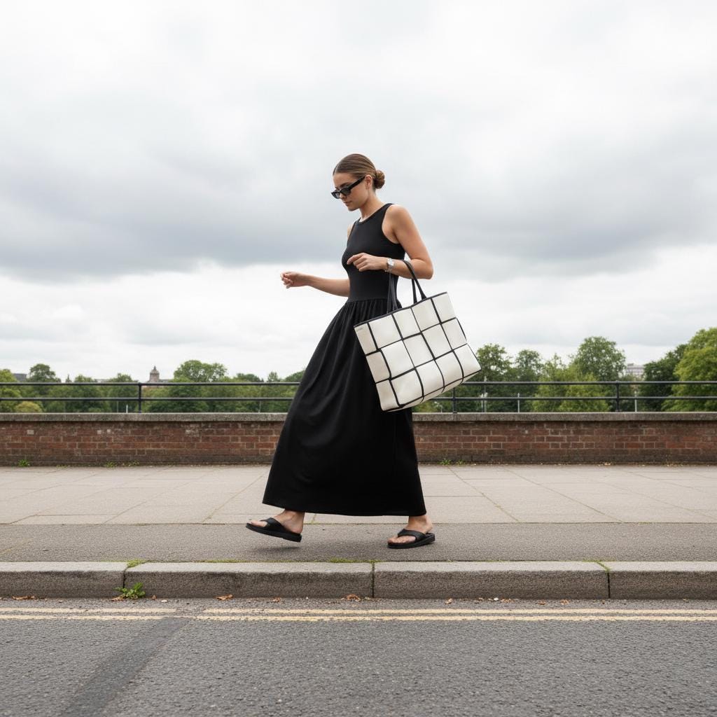 Side view of the Black sleeveless drop-waist maxi dress, walking along a paved promenade beside a low brick wall under an overcast sky.