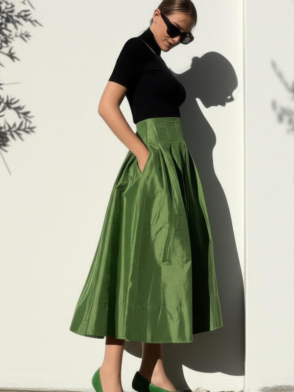 Emerald Green Pleated Midi Skirt | High Waist A-Line with Pockets