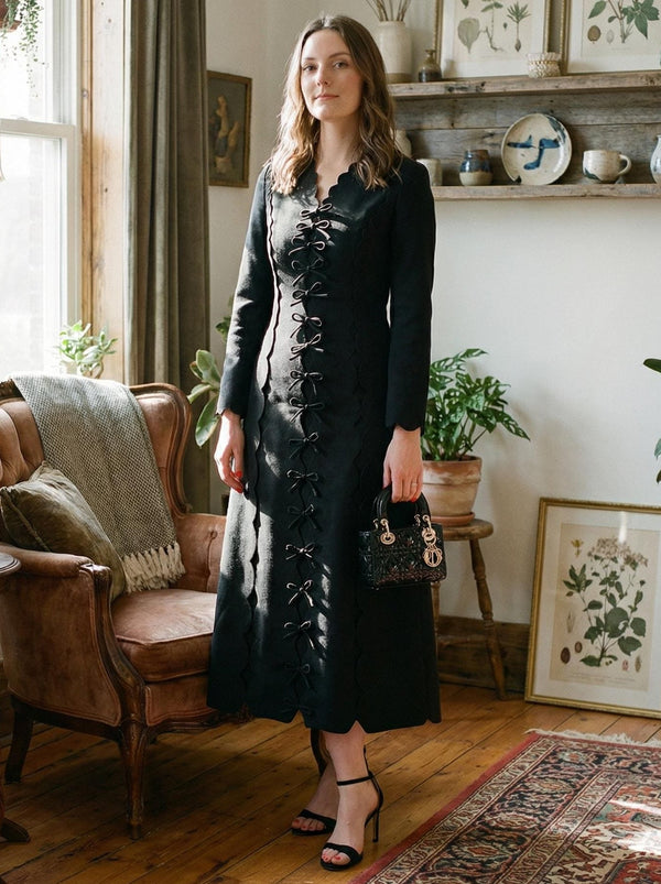 Black Scalloped Maxi Dress | Gothic Victorian Long Sleeve Gown