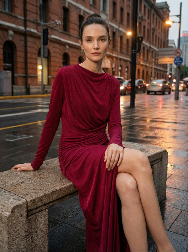 Modest High Neck Maxi Dress | Ruched Waist Long Sleeve Evening Gown