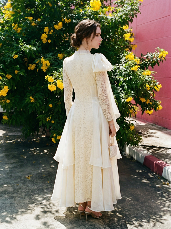 Coquette Lace Patchwork Asymmetrical Ruffle Maxi Dress