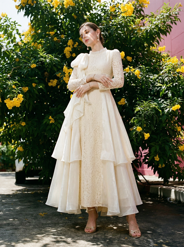 Coquette Lace Patchwork Asymmetrical Ruffle Maxi Dress