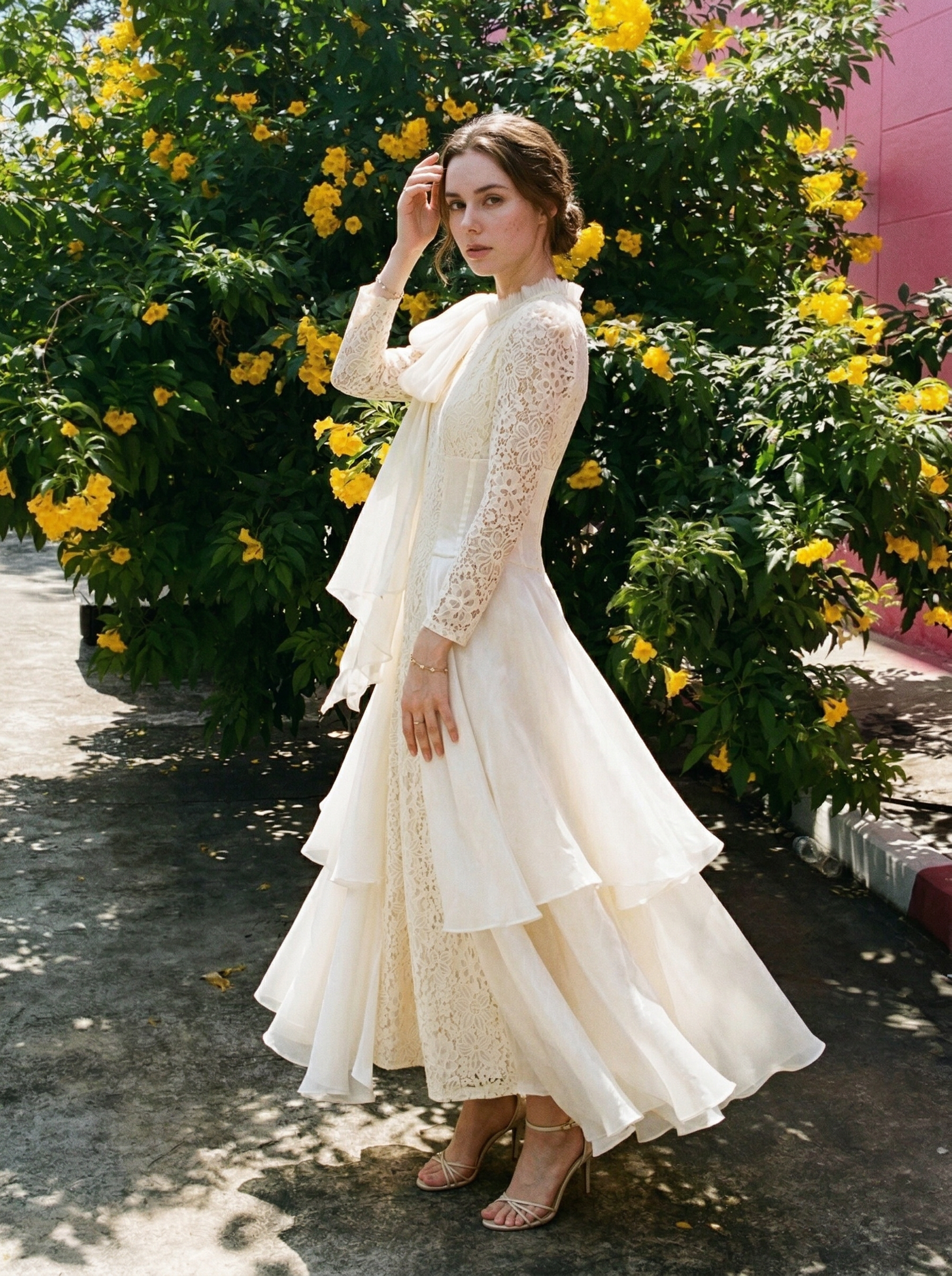 lace patchwork asymmetrical ruffle maxi dress white side view outdoor 11