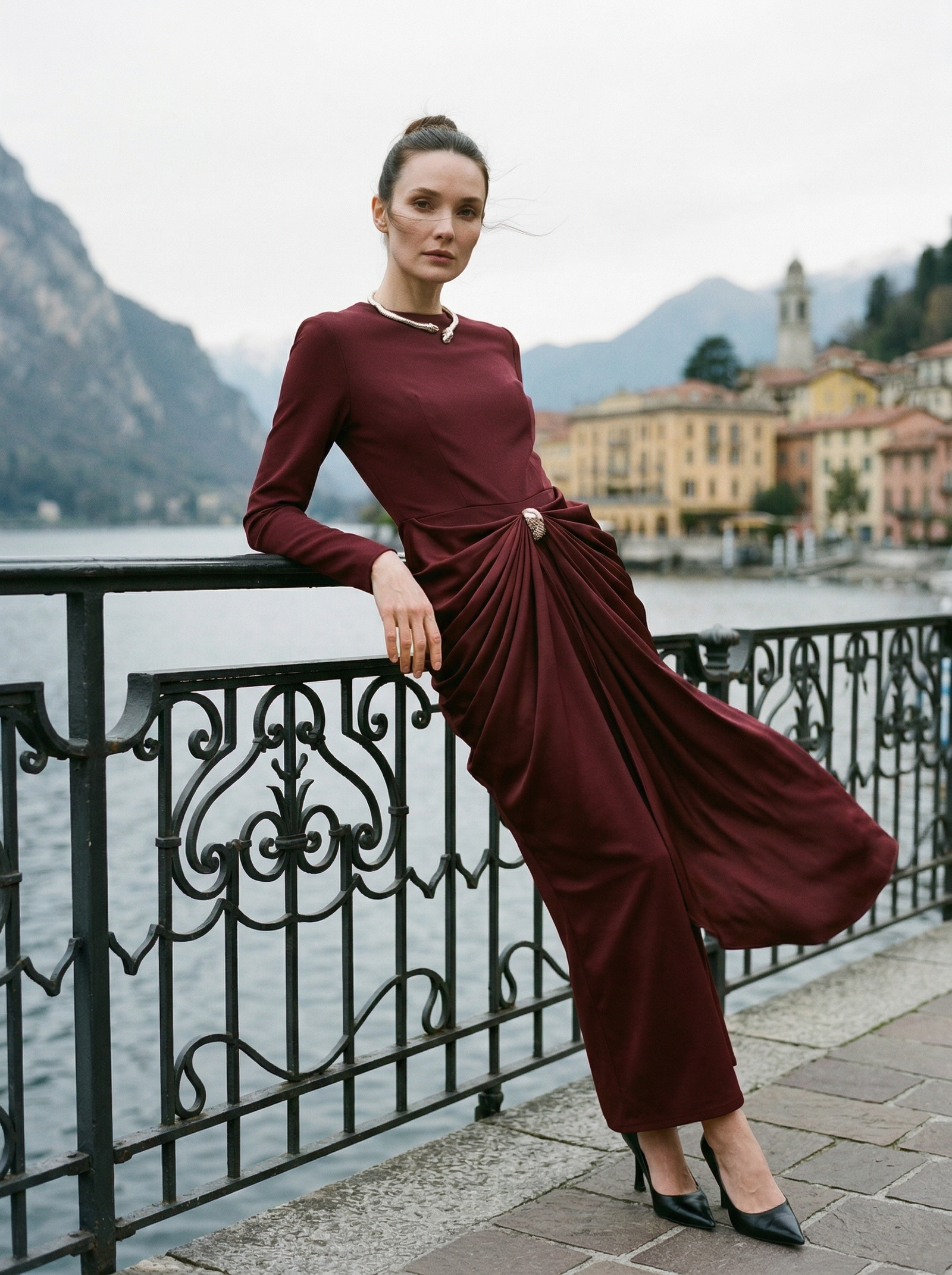 saraura long sleeve draped formal evening maxi dress burgundy front view lake background