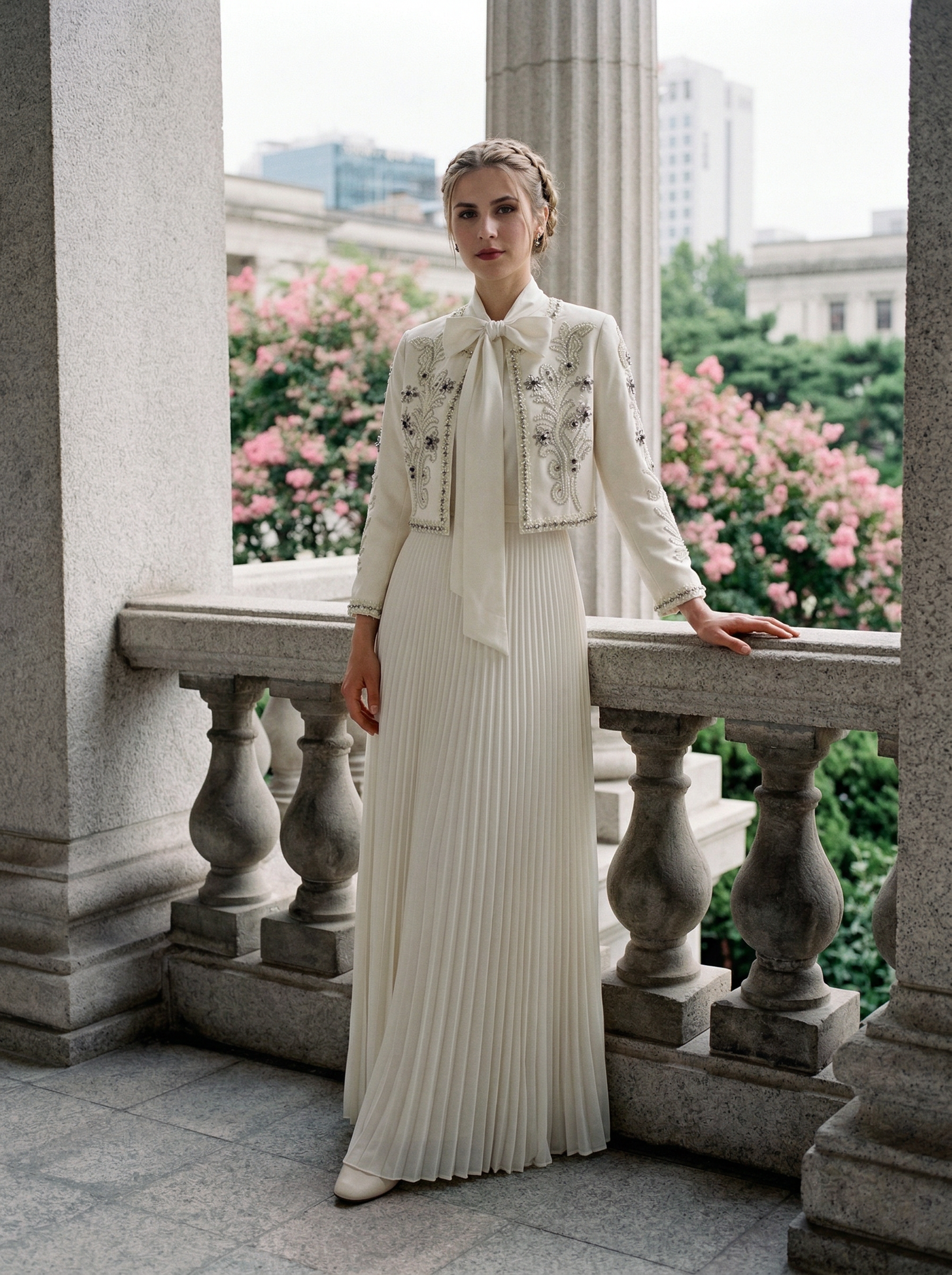 saraura two piece sequin jacket pleated maxi dress set white full length front view
