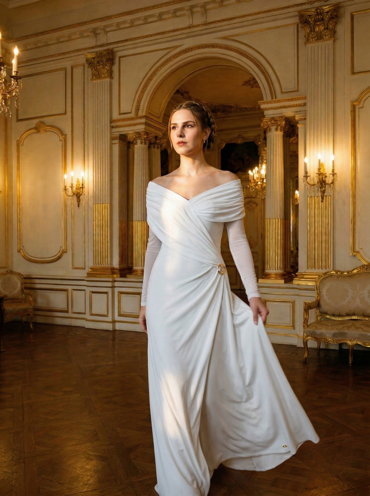 white asymmetric long sleeve draped maxi dress front walking