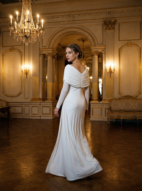 Asymmetric Draped Long Sleeve Maxi Dress - Formal Evening Gown