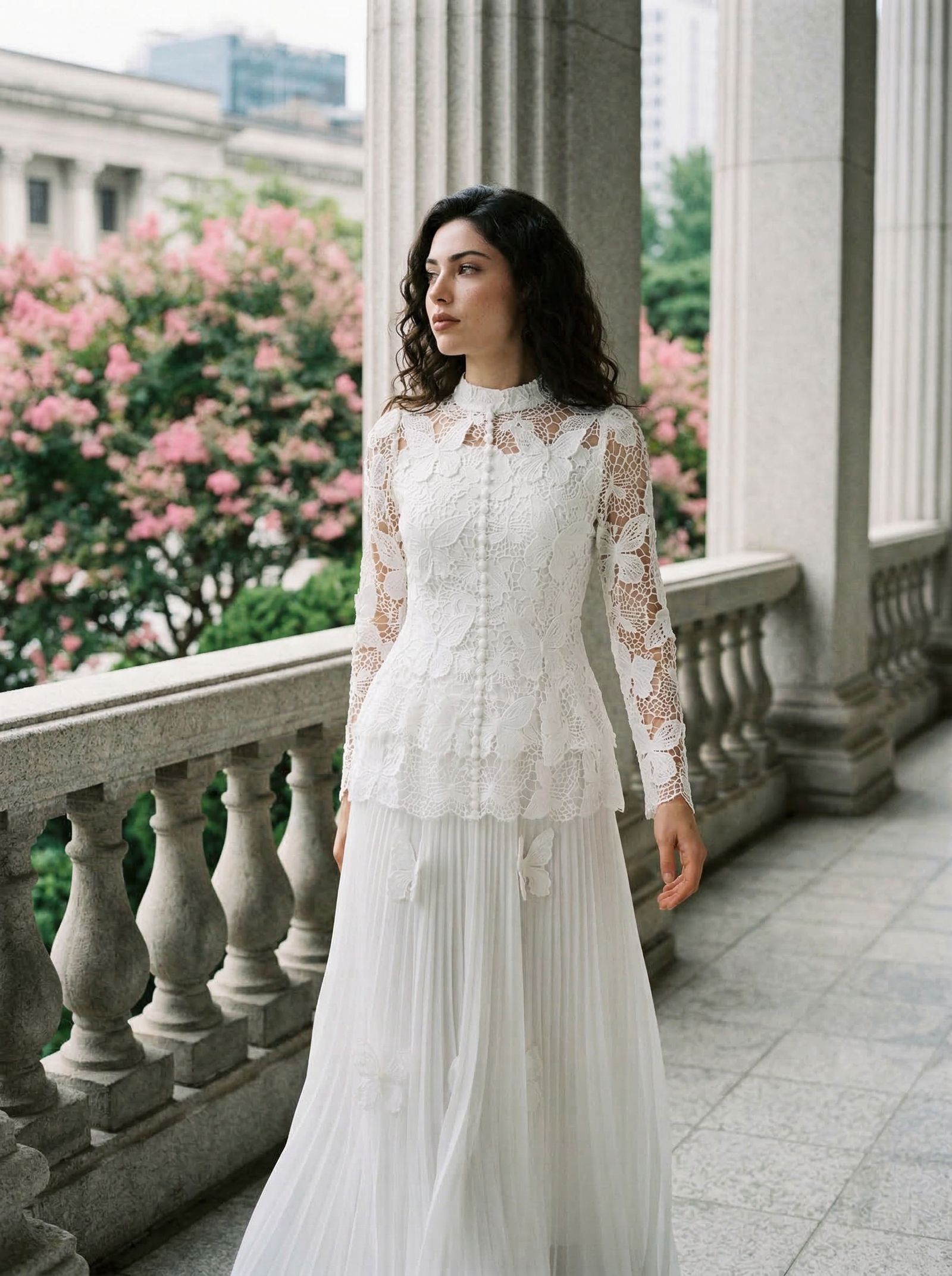 white embroidered lace two piece set butterfly bodice detail front