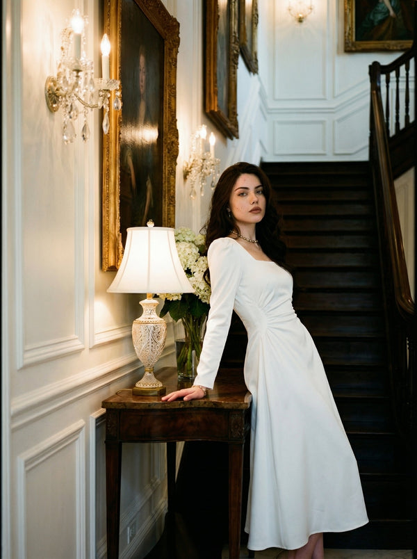 White Square Neck Midi Dress | French Vintage Suspender Gown