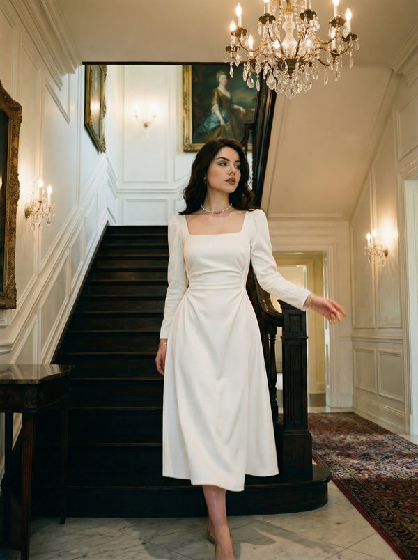 White Square Neck Midi Dress | French Vintage Suspender Gown